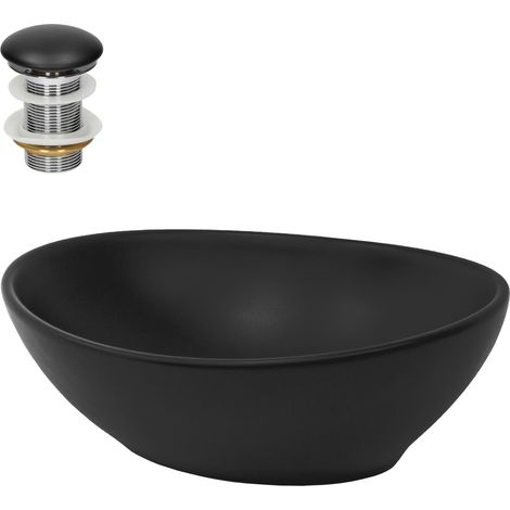 ML-Design Waschbecken Keramik Schwarz Matt 41x33,5x14,5cm Oval inkl. Ablaufgarnitur ohne Überlauf, Moderne Aufsatzwaschbecken Waschtisch Waschschale Waschplatz Handwaschbecken, für Badezimmer/Gäste-WC