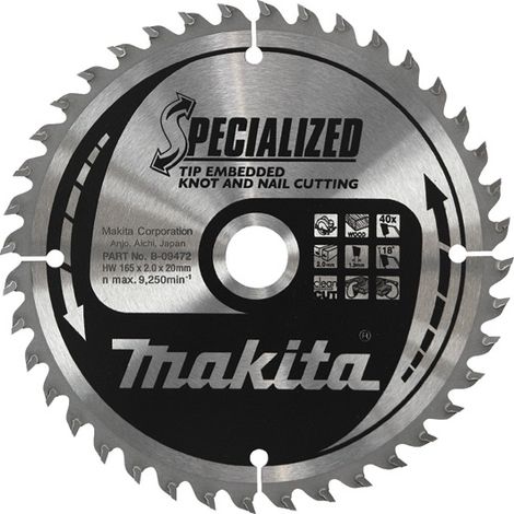 Makita – Disque renforcé HM 165 mm 20 mm 40D – Pour coupe bois dur – Structure renforcée pour stabilité – Coupe nette et précise
