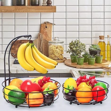 Corbeille à fruits à deux niveaux avec porte-bananes, modèle autoportant, moderne et pratique, en métal noir, idéale pour l'organisation de la cuisine et le rangement des fruits. (1/5)