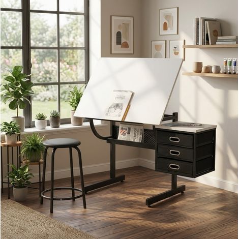 Tavolo da disegno regolabile 98.5x69.0x13.5 cm, inclinabile 0-75°, con 3 cassetti, MDF e metallo bianco