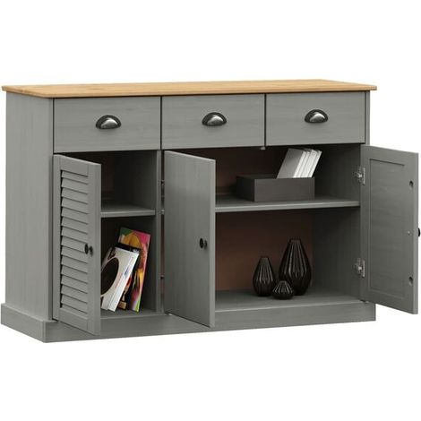 Buffet de Cuisine avec Tiroirs, 113x40x75 cm, Meuble Rangement en Bois Massif de Pin Gris, Console Entrée Salon (1/5)
