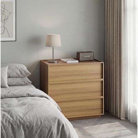 Commode en bois couleur chêne à 3 tiroirs, rangement sans poignées – 80 × 48 × 78 cm (1/5)