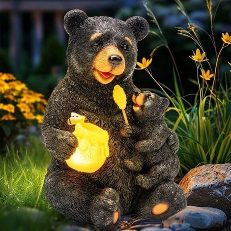 Outdoor Garden Statues - Solar Lighting - Animal Statues - Bear with Honey Pot
