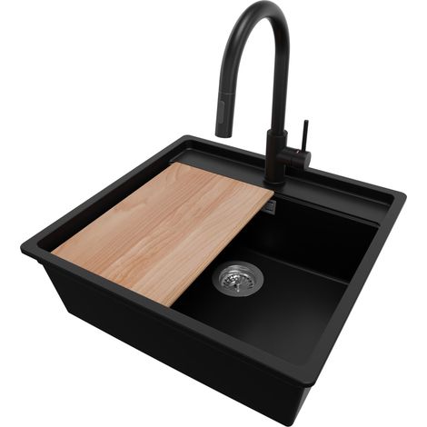 PRIMAGRAN Evier d'angle en Granit 56x53cm, Lavabo Cuisine 1 bac + Robinet 40x20cm + Kit de Vidage + Accessoire, Évier à Encastrer au meuble 60cm - Bergen, Noir (1/5)