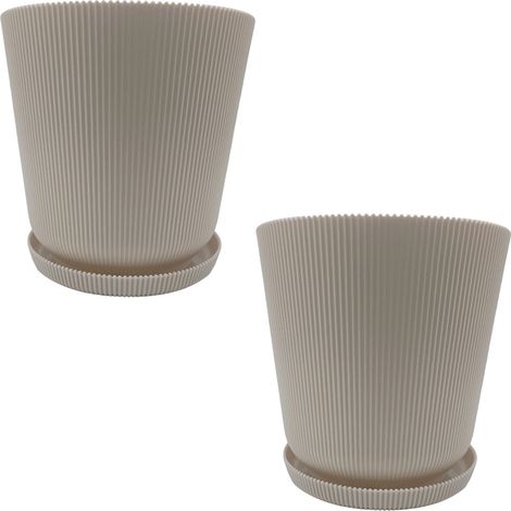 Relaxdays Blumentopf, 2er Set, Pflanztopf mit Untersetzer, Rillen, H x D: 20 x 20 cm, Kräutertopf, Kunststoff, beige