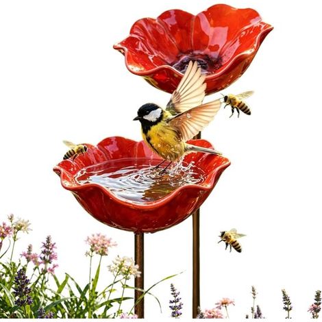 Bebedero para pájaros, 2 piezas, rojo, Baño para pájaros, Mariposas y abejas, 15 x 15 x 60 cm, forma de flor, jardín, césped y patio (1/5)