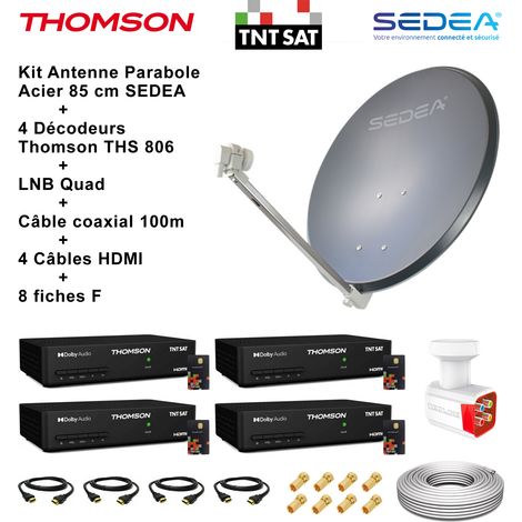 Kit Parabole Acier 80 cm Anthracite + LNB Quad HD 4K + 4 Décodeurs THOMSON TNTSAT + Câble coax 100m + 4 Câbles HDMI + 8 Fiches F (1/5)