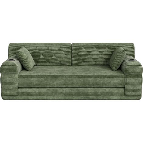 Sofá cama convertible de 3 plazas en pana, respaldo alto, 4 bolsillos laterales y 2 portavasos, verde (1/5)