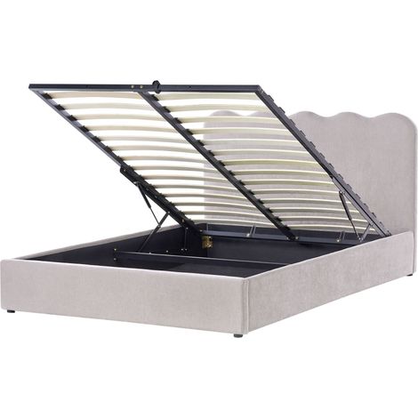Bed Frame Taupe Chenille Upholstery EU King Size 5ft3 Lift Up Storage with Headboard and Slatted Base NANTERRE