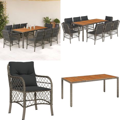 9-tlg. Garten-Essgruppe mit Kissen Grau Poly Rattan - Gartensessel - Gartenstuhl - Gartenmöbelset - Outdoor Möbel - Rattan Gartenmöbel - Home & Living