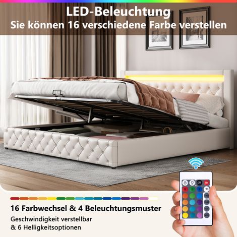 Liberté – Lit rembourré 180 x 200 cm avec sommier à lattes – Espace de rangement sous le lit – Éclairage LED réglable – Housse en PU blanc (1/5)