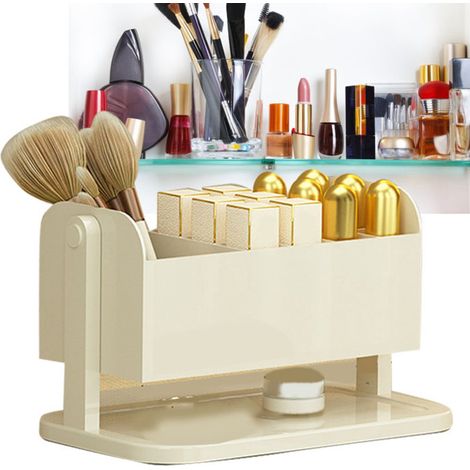 Présentoir à rouge à lèvres de comptoir, boîte de rangement cosmétique à plusieurs compartiments pour pinceaux de maquillage, crayons à sourcils et boucles d'oreilles, blanc laiteux. (1/5)