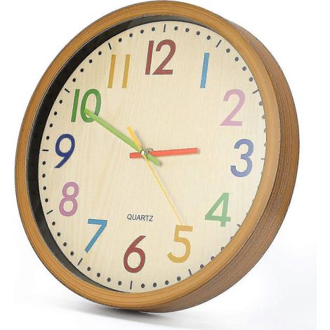 Horloge murale pour enfants, 30 cm (12 pouces), mouvement silencieux, chiffres colorés, sans tic-tac, facile à lire, accessoires de décoration. (1/4)