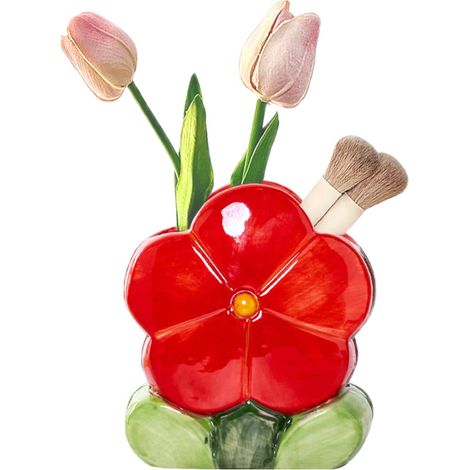 Porte Pinceau de Maquillage, Pot à Crayon en Céramique, Vase en Forme de Fleur Chandelier Bougeoir pour Fleurs, Bougies, Pinceaux Cosmétique Papeterie (Rouge, 10.9L x 12.4H x 7.1W cm) (1/5)