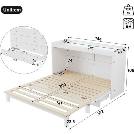 Lit gigogne escamotable 140x200cm, rangement tiroirs intégrés, prises USB et électrique, bandeau LED, plateau laqué brillant, convertible en plateforme, sans matelas, blanc (1/5)