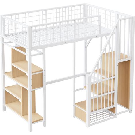 Cama alta multifuncional 90 x 200 cm de metal blanco con almacenamiento y escalera (1/5)