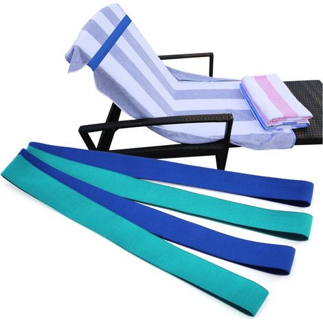 Ensemble de 4 sangles élastiques en silicone pour serviettes de bain (bleu foncé/bleu lac), adaptées aux chaises de plage, de piscine et de croisière. (1/5)