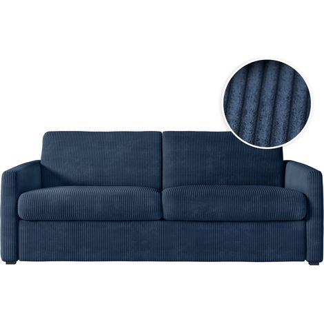 Canapé convertible express 3 places AGATHE en velours côtelé - Matelas 13cm - Bleu foncé - 160x190cm