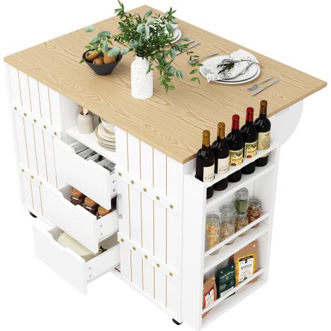 Chariot de cuisine avec roulettes et plan de travail, chariot de cuisine avec étagère à condiments et porte-serviettes, îlot de cuisine avec portes coulissantes et tiroirs, blanc (1/5)