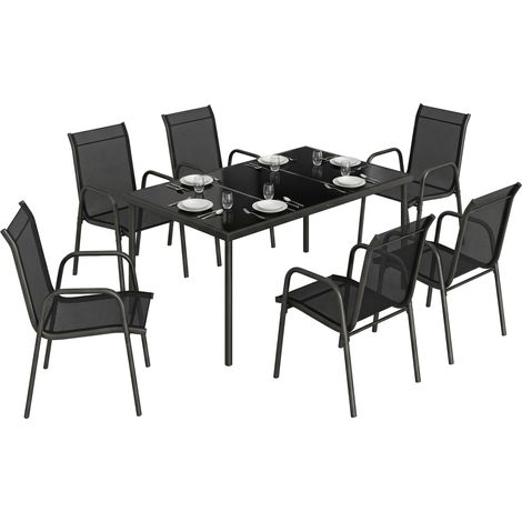 Outsunny – Ensemble table et chaises de jardin 7 pièces – 6 chaises empilables en textilène – Plateau en verre trempé – Structure en métal noir