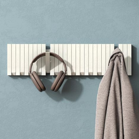 Mai & Mai Appendiabiti da Parete in Legno 60cm, Attaccapanni da Muro Moderno per Camera da Letto, Ingresso, Studio con Gancio Pieghevole e Salvaspazio, Bianco Opaco, Twigro-01 (1/5)