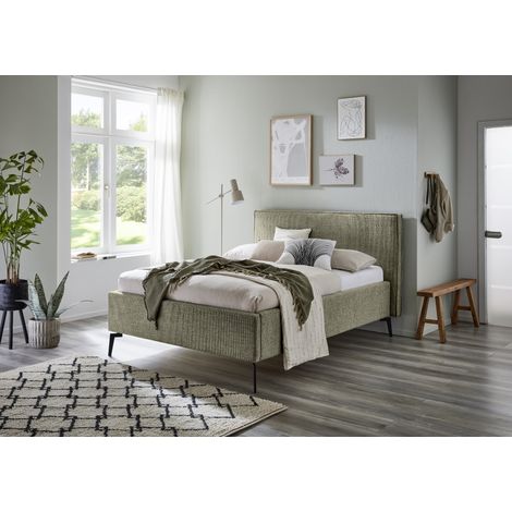 Meise Möbel Polsterbett Riva 140x200 cm Doppelbett Bettgestell Kopfteil mit Keder Webstoff Moosgrün Metallfuß schwarz (1/5)