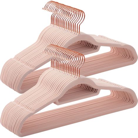 SONGMICS Grucce Appendiabiti in Velluto, 50 Pezzi, con Porta Cravatte e Gancio Color Oro Rosa, Spessore 0,6 cm, Salvaspazio, Lunghezza 43,5 cm, Cappotti Pantaloni Gonne, Rosa Chiaro