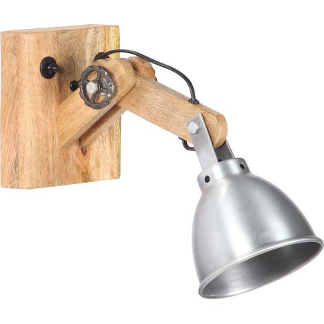 Applique Murale E27 Luminaire Industriel Bois de Manguier Massif et Fer Argenté 18 x 15 cm (1/5)