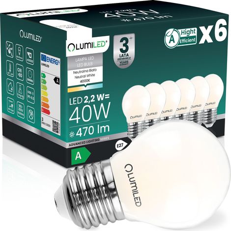 6x LED-Lampe E27 Kugel P45 2,2 W 470 lm = 40 W 4000 K Neutralleiter 360° Glühfaden Klasse A LUMILED