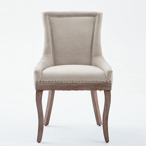 Lot de 2 chaises de salle à manger en tissu épais, pieds en bois massif couleur neutre, clous décoratifs bronze, beige (1/5)