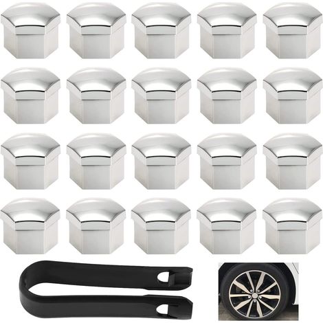 20 Pièces Cache Ecrou 17 mm, Ecrou Couvre avec Outil Demontage, Écrou de Roue de Jante Cache, pour Voitures, Capuchon de Protection de Ecrou (Argenté) (1/5)
