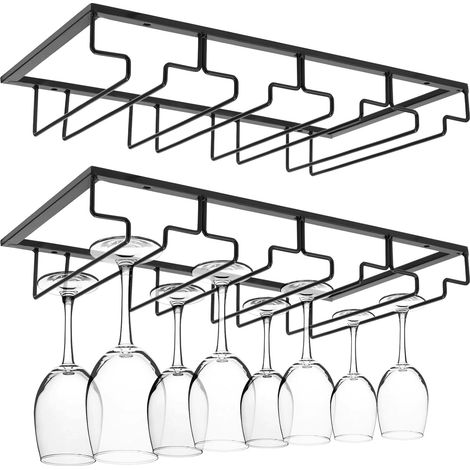 2er-Pack 4-reihiges Weinglasregal unter dem Schrank, schwarzes hängendes Weinregal unter dem Schrank, Weinglas-Aufbewahrungshalter, Hängeregal für Schrank, Küche, Bar (1/4)