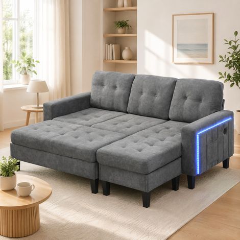 Divano letto angolare a L, 3 posti, con LED ambientale e porta USB, grigio DESVIAE (1/5)