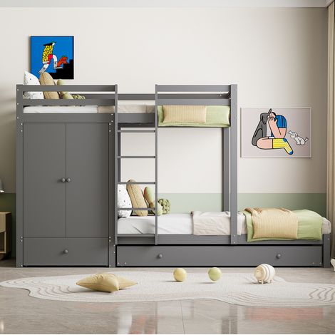 Letto a castello 291x96x170 cm grigio in legno massello con letto estraibile e armadio (1/5)