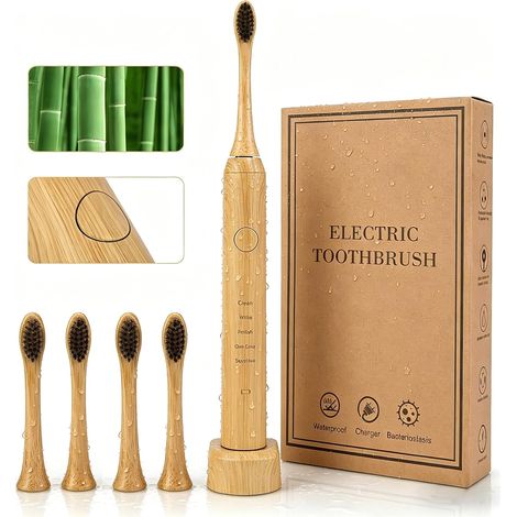Brosse à Dents Électrique en Bambou Écologique Technologie Sonique 40000 VPM 5 Modes de Nettoyage avec Minuteur 2 Min Étanche IPX7 Nettoyage Profond et Blanchiment (brosse à dents) (1/5)