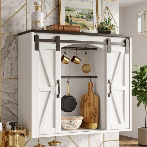 Creahappy Meuble Haut Mural Cuisine 80x31x76 cm - Porte Coulissante Style Grange Gain de Place - Rangement Suspendu en MDF Blanc (1/5)