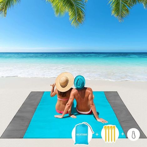 Waterproof beach mat 200x210cm – Water-repellent parachute nylon – 4 corner fixings for beach, picnic, camping (1/5)