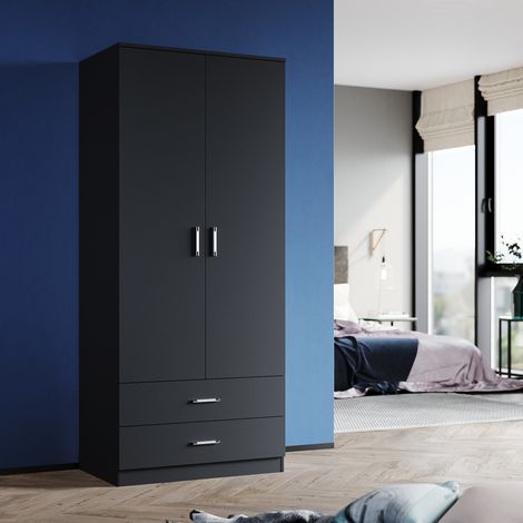 ELEGANT Soft Close Wardrobe Double 2 Doors Wardrobe with Shelves and Metal Handles Bedroom Large Storage Wardrobe, Black (1/5)