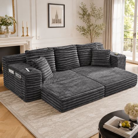 Sofá cama 273x98x87 cm gris oscuro en pana acanalada con respaldo alto, cojines, bolsillos laterales y portavasos (1/5)