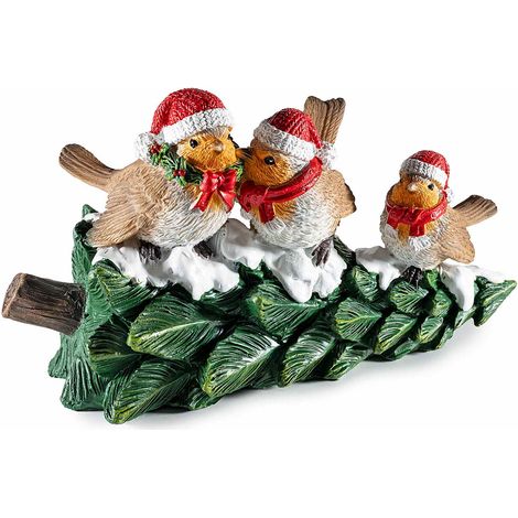 Decoro di Natale ad uccellini natalizi su albero innevato in resina da appoggiare, cm 20,5 x 8,5 x 11,5 H