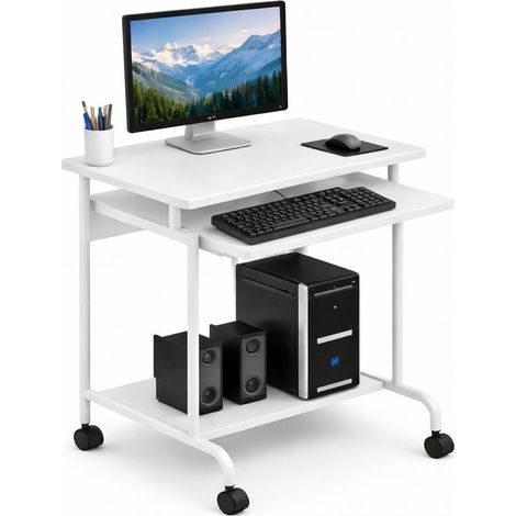 Bureau Mobile Compact pour Ordinateur Tablette Clavier Coulissant Blanc (1/5)