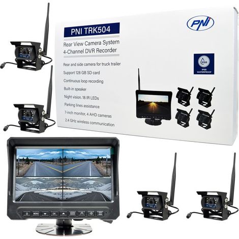 Kit de vidéosurveillance sans fil PNI TRK504 pour camion avec enregistreur vidéo numérique (DVR), moniteur LCD et 4 caméras
