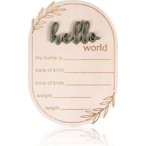 Panneau d'annonce de bébé, 15 x 10 cm en bois avec inscription « Hello World » - Plaque d'annonce de naissance pour maison, hôpital, crèche (1/5)