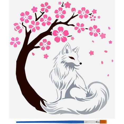 Pochoir de Renard Assis pour Peinture Au Pinceau 30x30cm Modèle de Pétales Tombants de Motif de Renard Réutilisable Pochoir D'Arbre à Fleurs Creuses Modèle de Thème Animal Plastique PET (1/5)