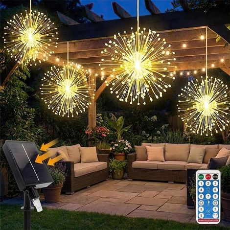 Lot de 4 lumières solaires feux d'artifice 360 LED pour extérieur, télécommande, 8 modes d'éclairage, 4 niveaux de luminosité, 3 modes de minuterie, IP55 étanche, guirlande lumineuse DIY pour (1/5)