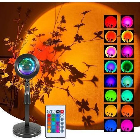 Lampe projecteur coucher de soleil - Éclairage d'ambiance - Rotation à 360° - 16 couleurs - Projecteur LED USB - Extensible - Télécommande incluse (noir) (1/5)