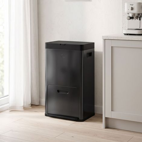 Poubelle Rectangulaire à Pédale, Poubelle Cuisine 56L, 3 Compartiments, Fermeture Douce, Acier Inox, 45,7x35,8x76cm Noir (1/5)