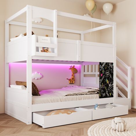 Letto a castello per bambini 90 x 200 cm stile casetta con lavagna, scala e cassetti, bianco (1/5)