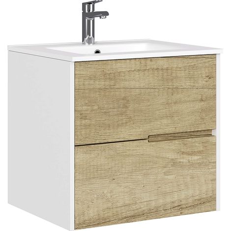 Meuble de Salle de Bain, 2 tiroirs, Suspendu au Mur, avec lavabo en céramique, Plusieurs Finitions, livré monté, sans Miroir, 70 cm Nature (1/5)