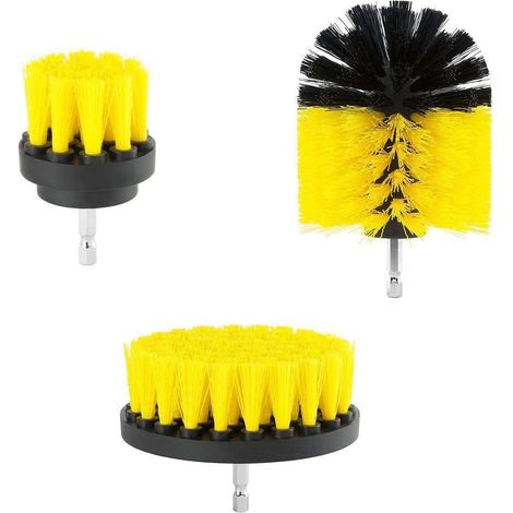 Cepillo para taladro, cepillo de limpieza rotativo electrónico para baño, coche, suelo, cocina, juego de 3 piezas, amarillo (1/5)